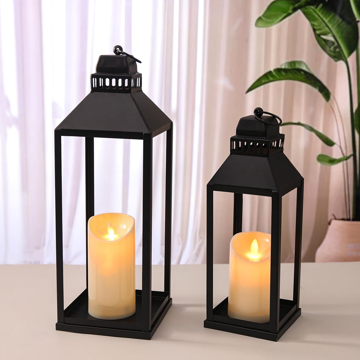 MATAHUM 17-inch lantern on outdoor mantel with inviting glow.