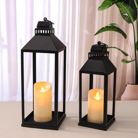 MATAHUM 17-inch lantern on outdoor mantel with inviting glow.