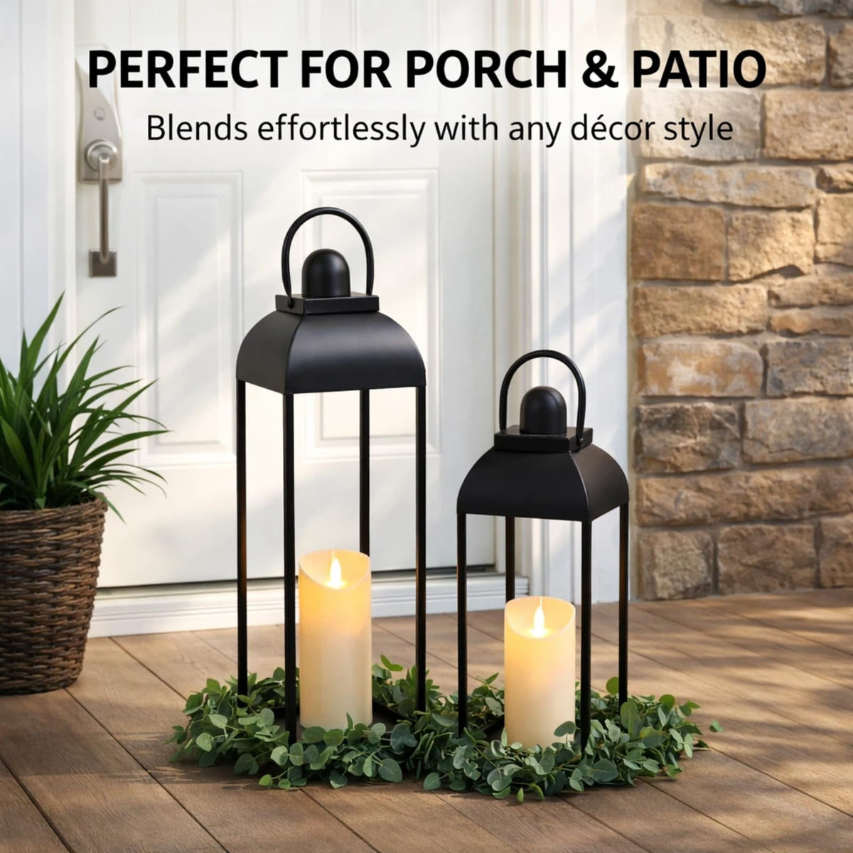 MATAHUM ball-top black lantern enhances farmhouse living room decor.
