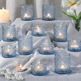 MATAHUM blue tealight holders with diamond design reflect light to elevate table decor.