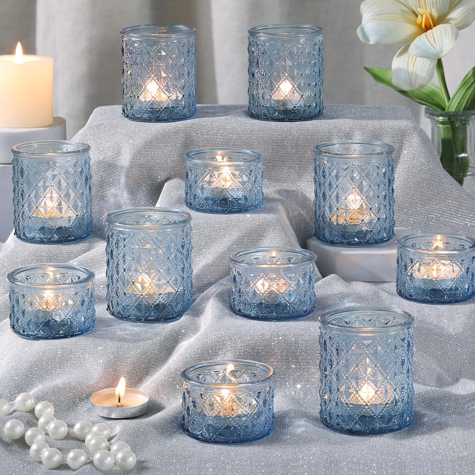 MATAHUM blue tealight holders with diamond design reflect light to elevate table decor.
