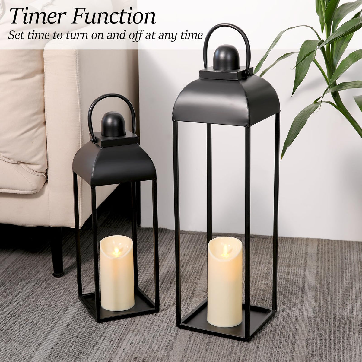 MATAHUM lantern beside fireplace creates a cozy centerpiece glow.
