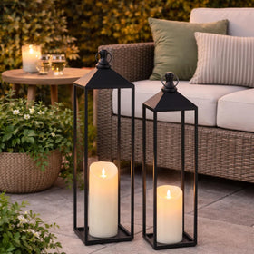 MATAHUM mantel display with two lanterns creating balance