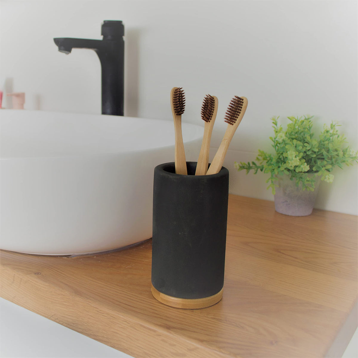 Matani Bamboo Toothbrush Holder shows drainage to prevent puddles