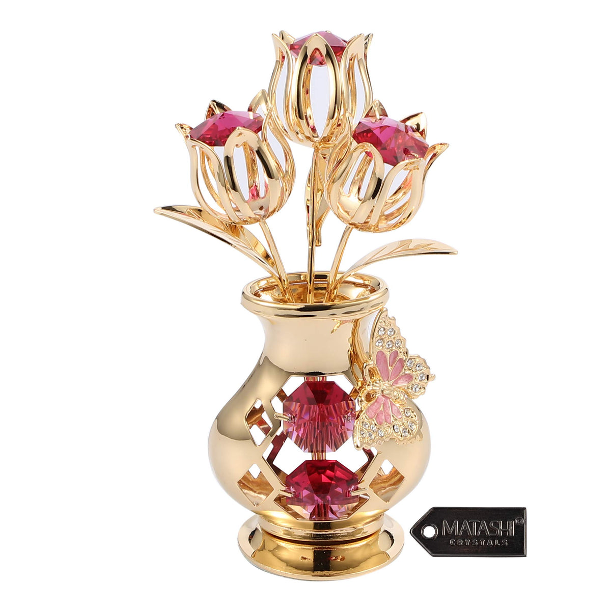 Matashi crystal tulip bouquet in butterfly vase, front view, adding timeless elegance.