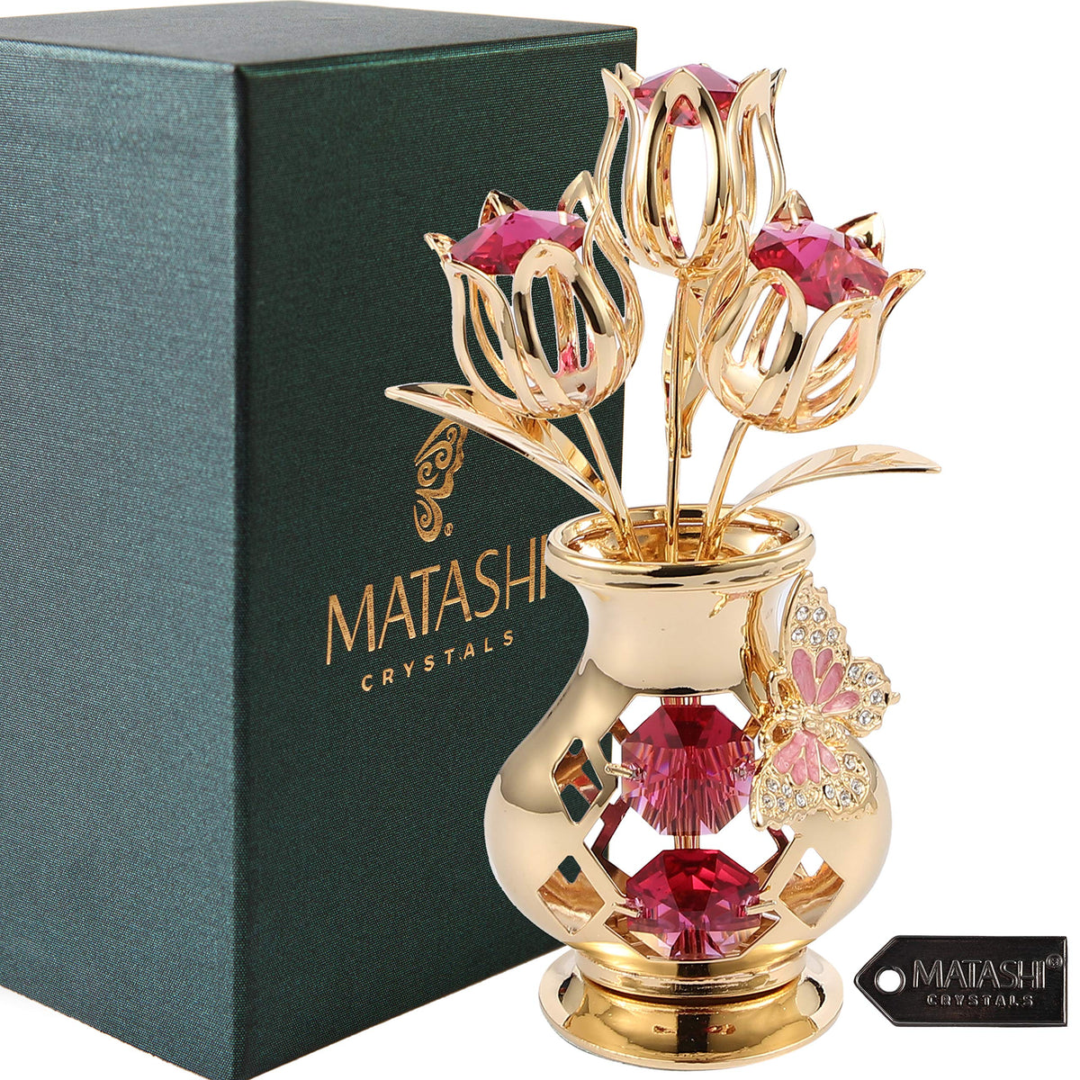 Matashi crystal tulips with 24K gold plating, side view, refined home decor.