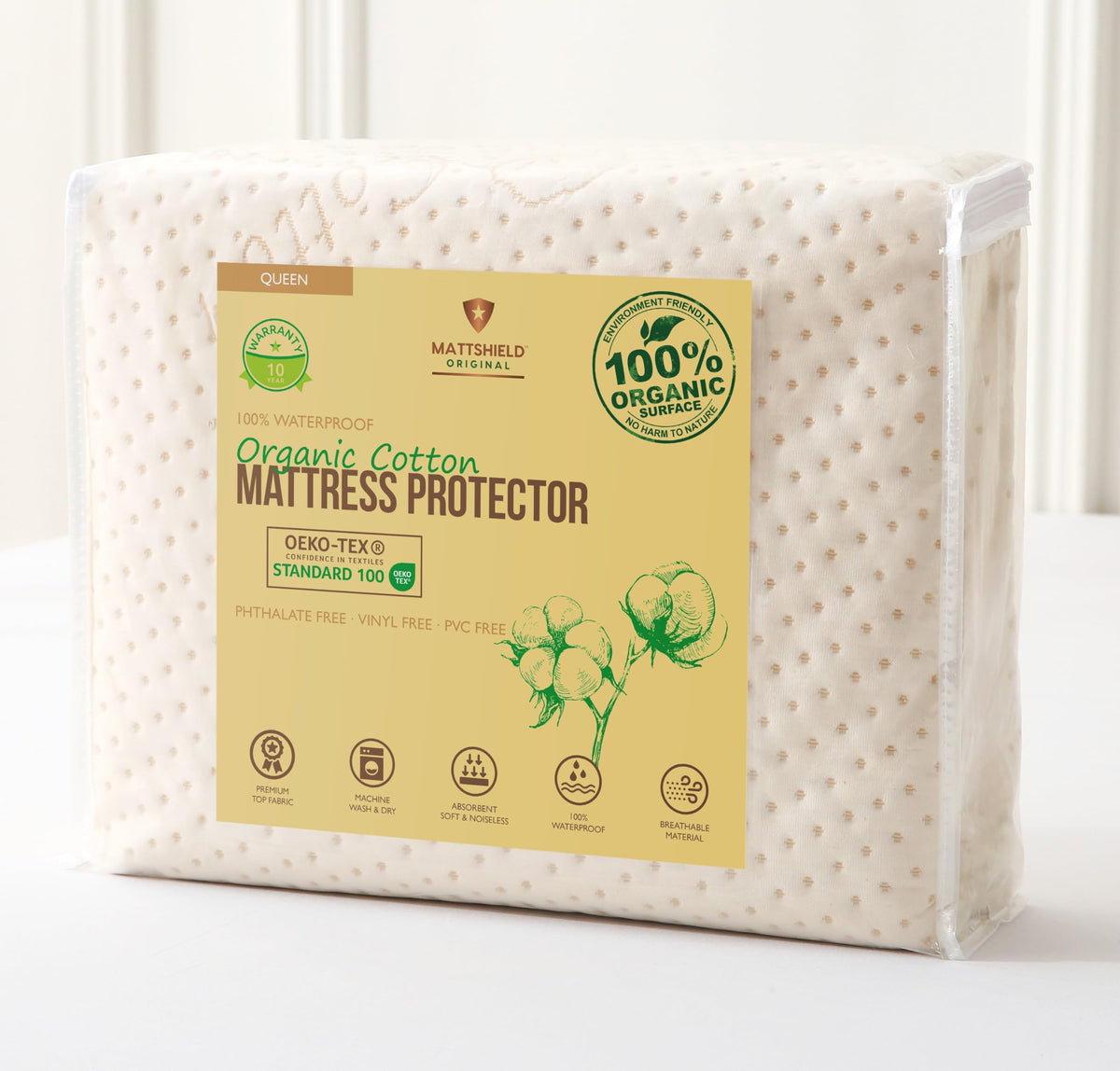 MATTSHIELD ORIGINAL organic cotton top layer delivers softness and breathability for a cool night.
