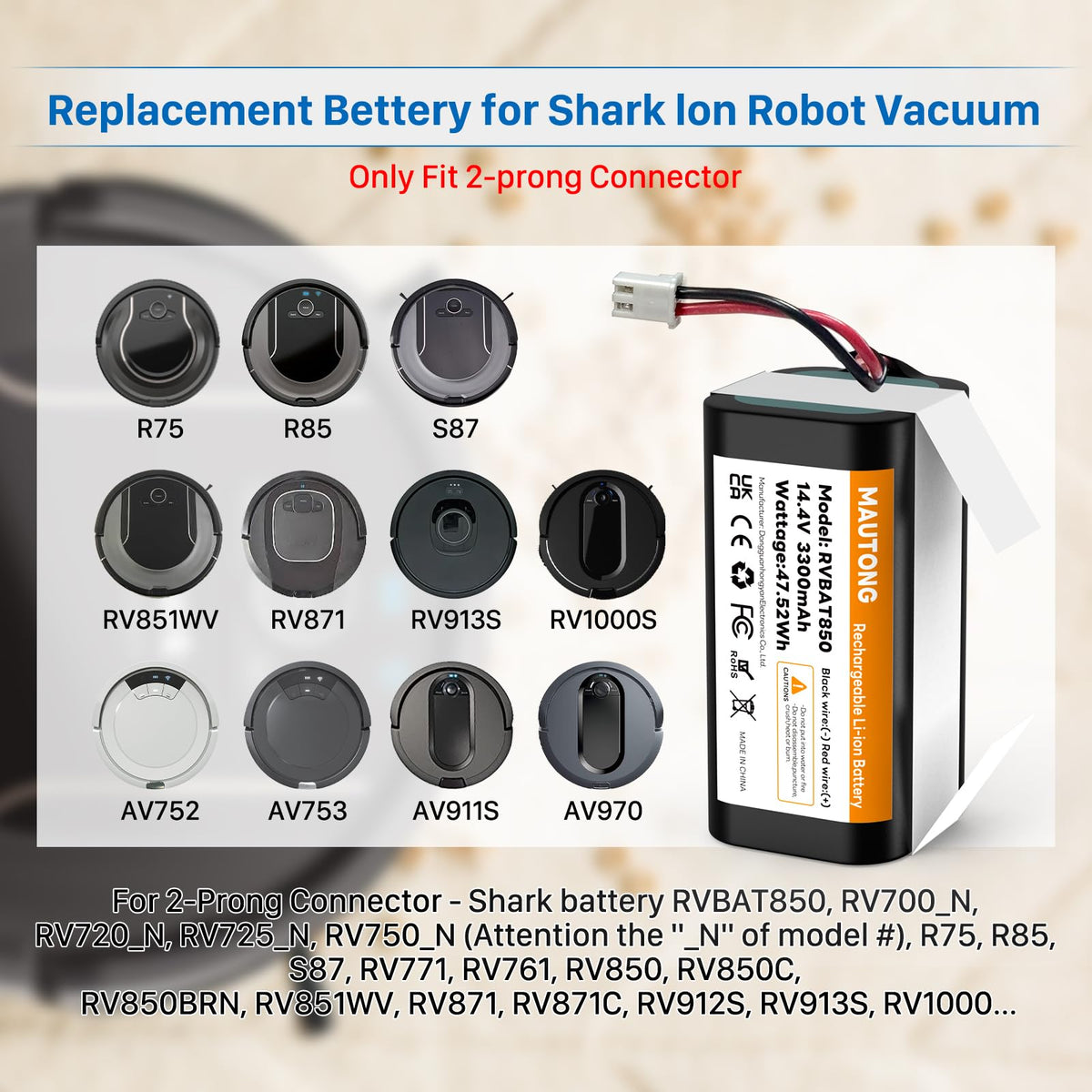 Compatibility guide shows MAUTONG RVBAT850 with supported Shark models.