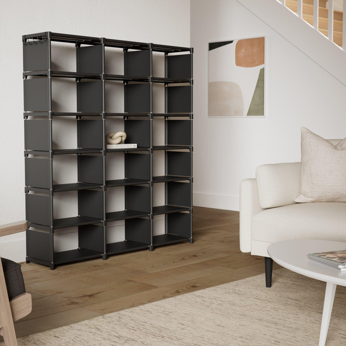 Mavivegue 18-cube bookcase storage organization shows large compartments.