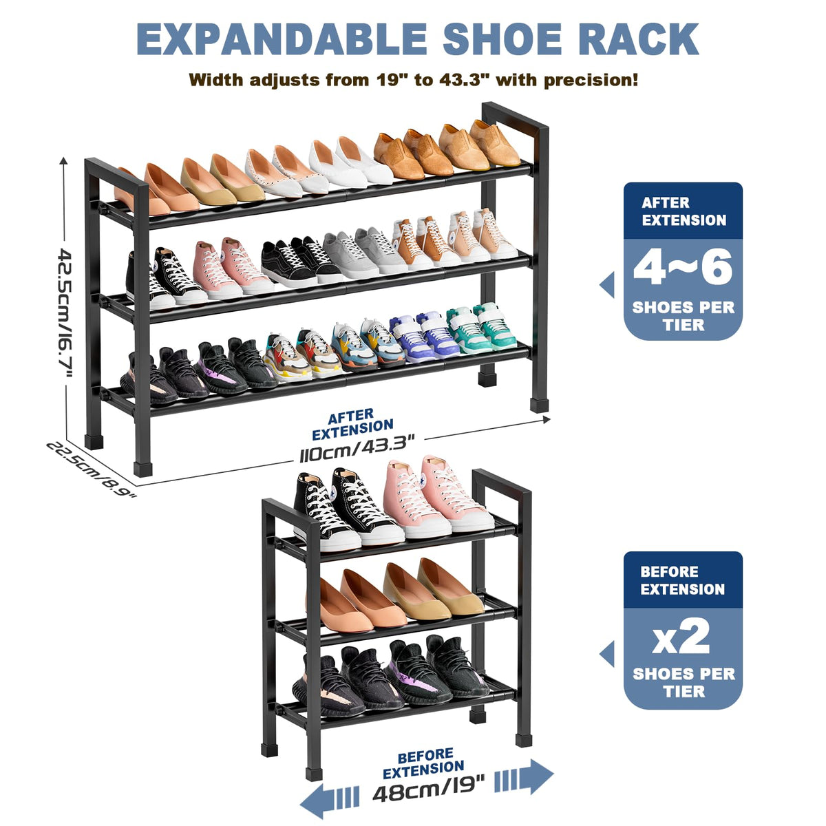 Mavivegue 3-tier expandable rack front view for space-saving entryway storage