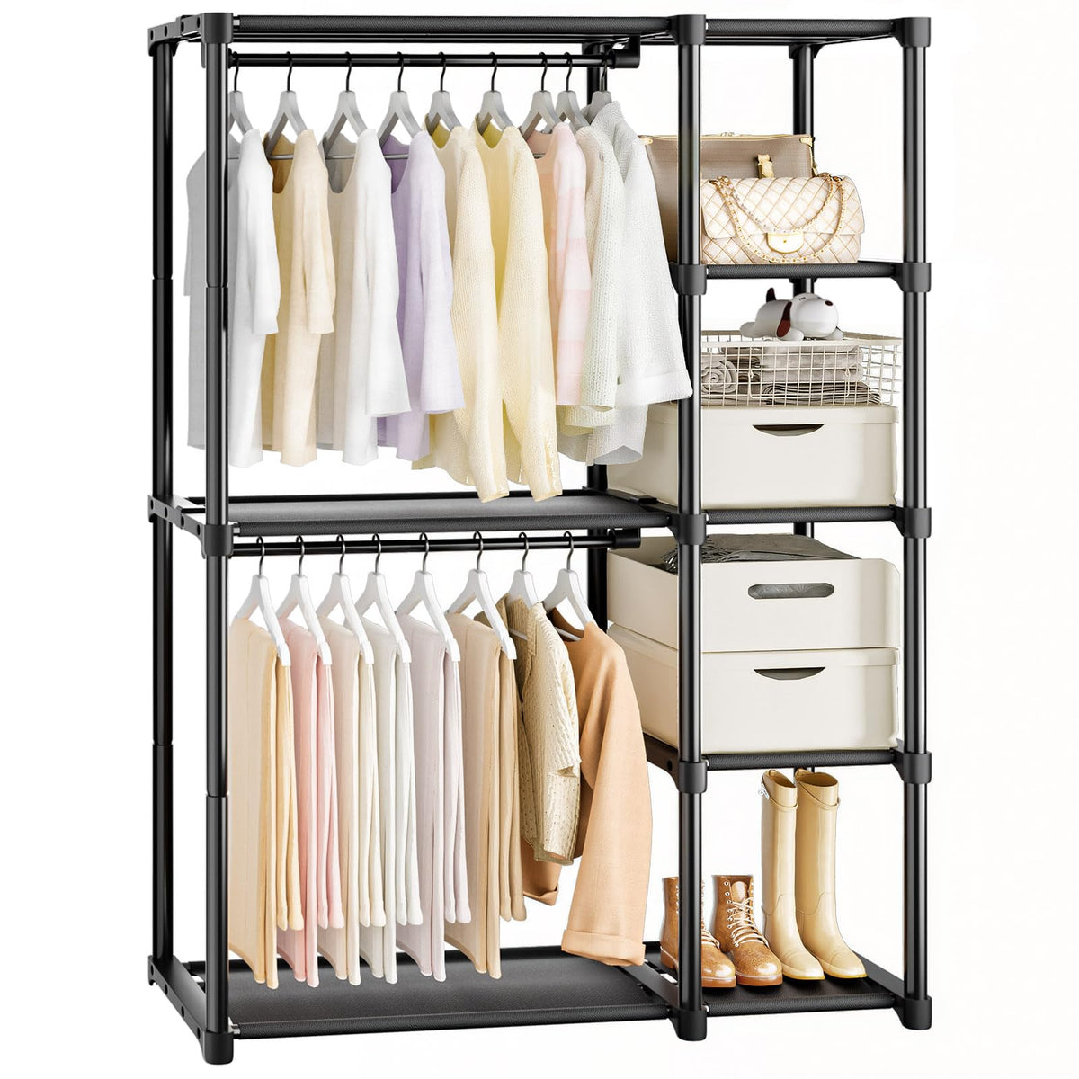 Mavivegue 4-tier portable closet with hanging rod enhances outfit organization.