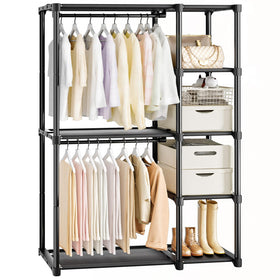 Mavivegue 4-tier portable closet with hanging rod enhances outfit organization.