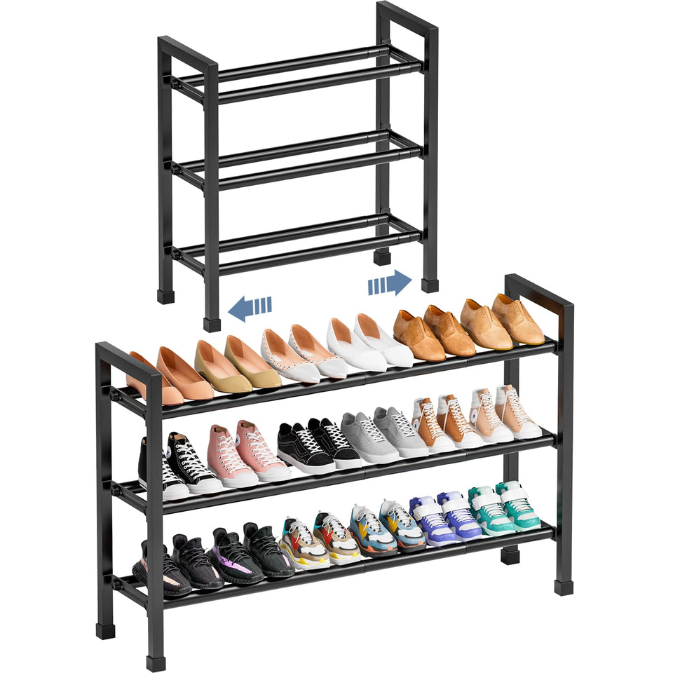 Mavivegue adjustable shoe rack side view showing length adjustability for tight closets
