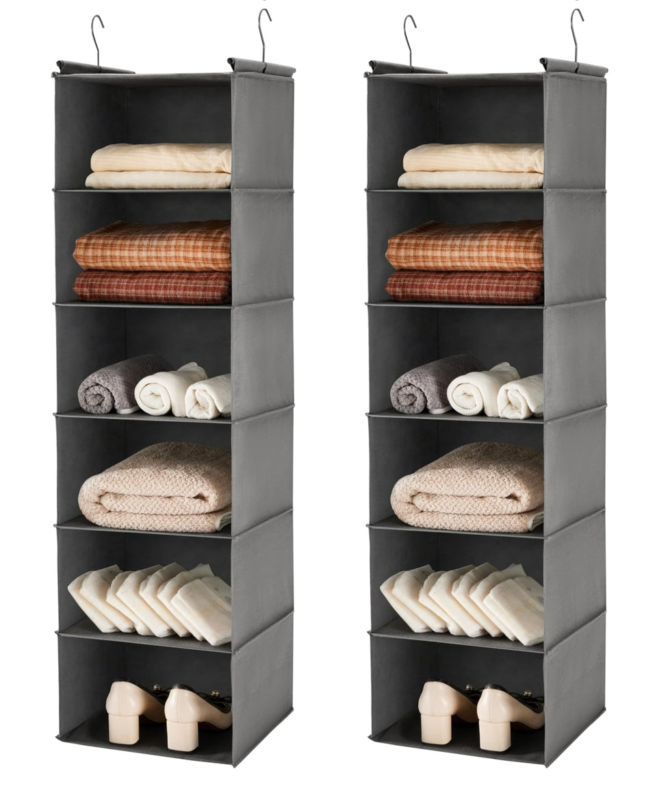MAX Houser 6-tier hanging organizer in gray demonstrating space-saving closet storage