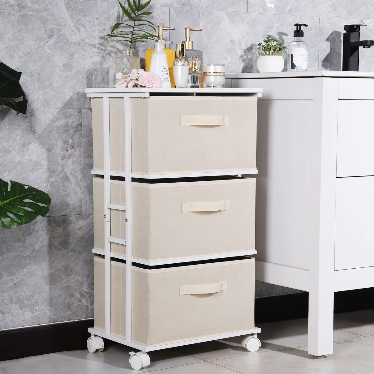 MAX Houser Dresser Tower beige finish complements decor while saving space.