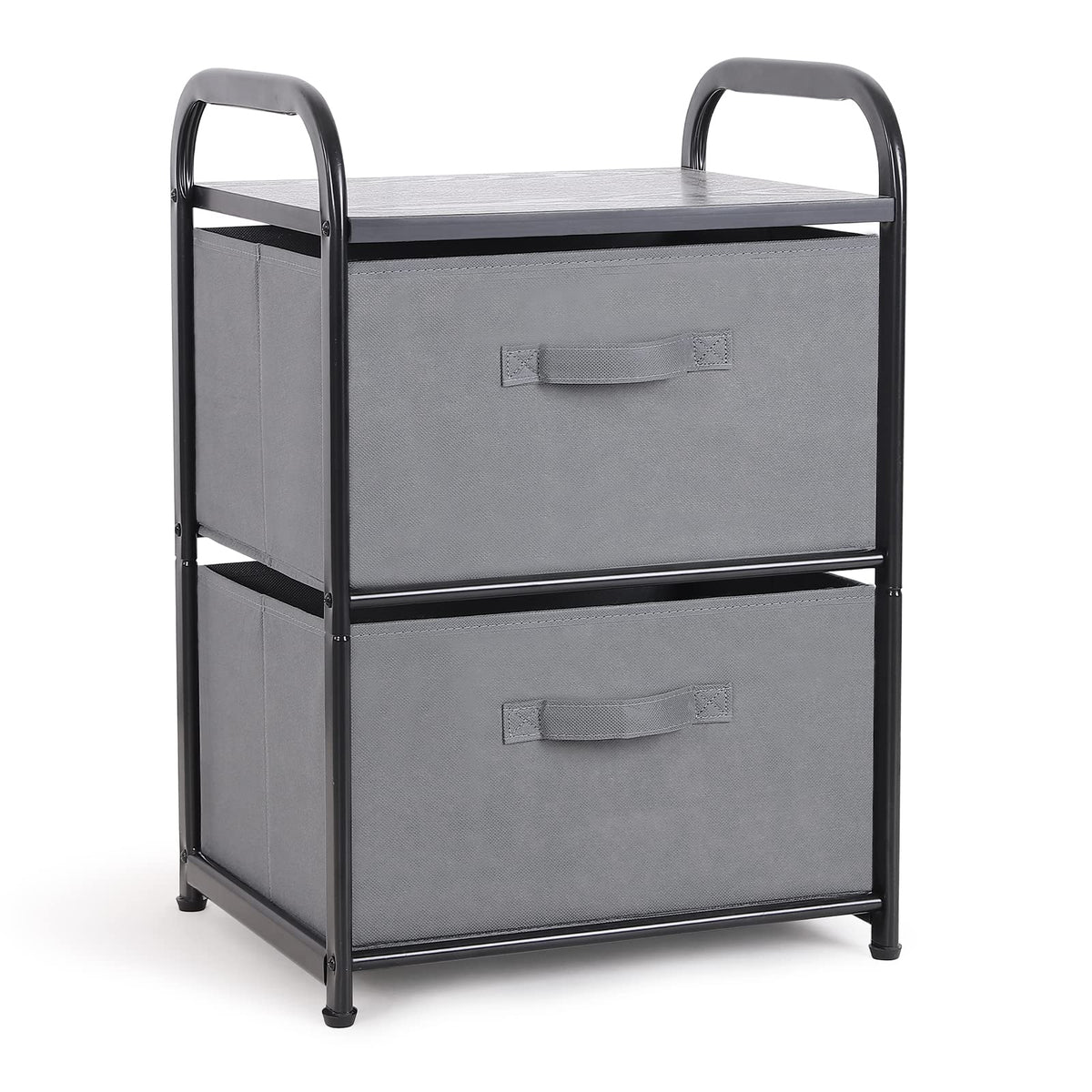 MAX Houser dresser with two fabric drawers and bins for clutter-free bedroom storage.