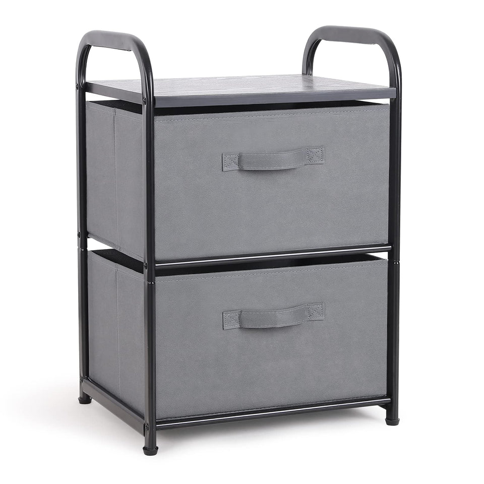 MAX Houser dresser with two fabric drawers and bins for clutter-free bedroom storage.