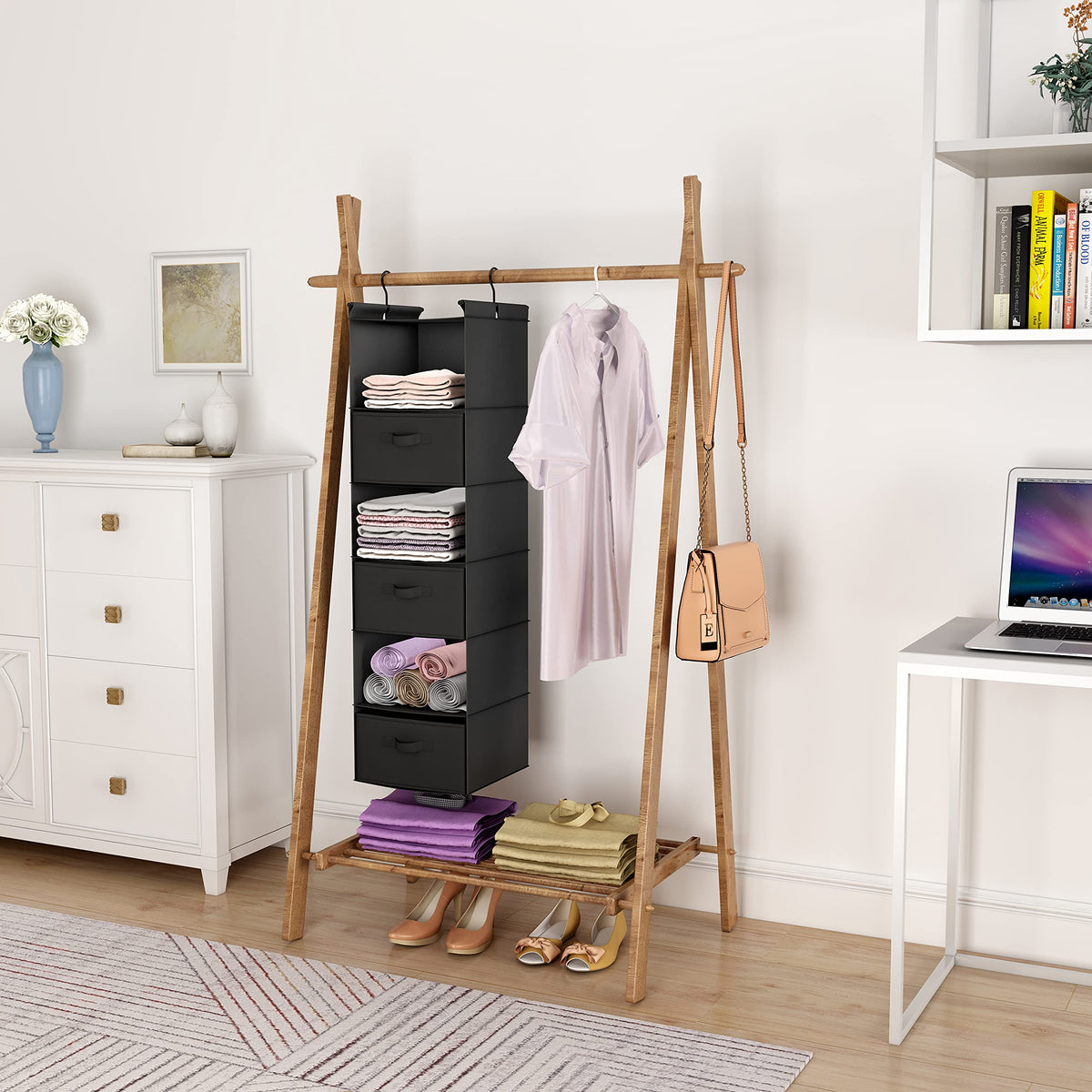 MAX Houser foldable closet organizer folded for travel or storage.