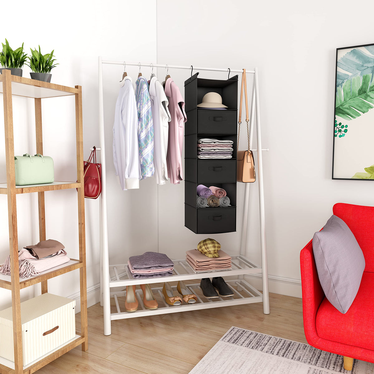 Three removable drawers neatly store socks and underwear.