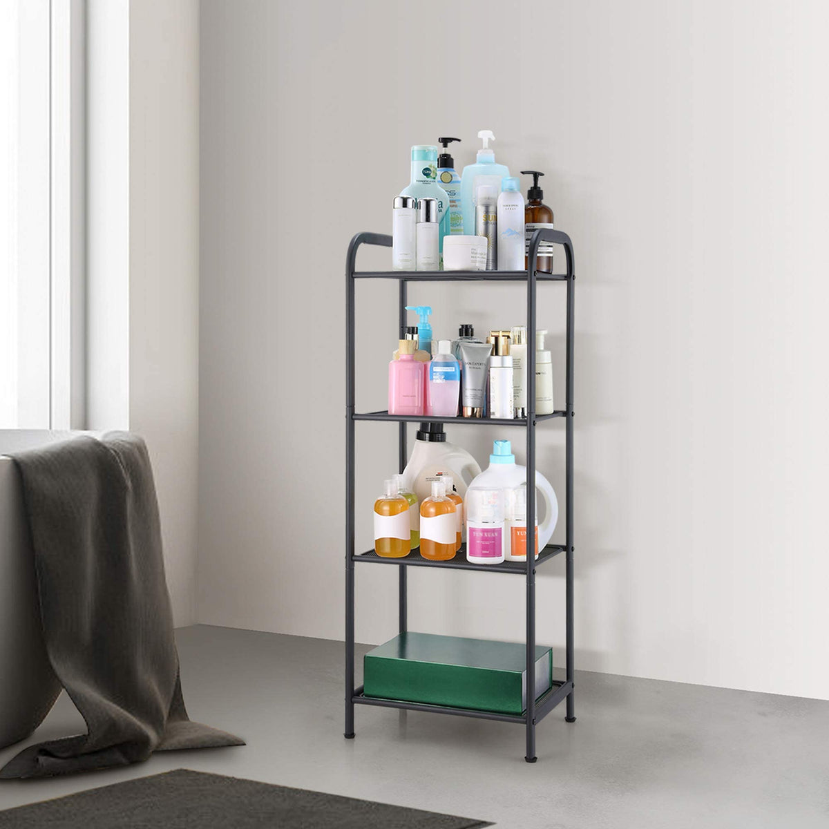 MAX Houser rack in living room displaying decor and books on ample shelves.