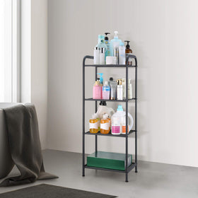 MAX Houser rack in living room displaying decor and books on ample shelves.