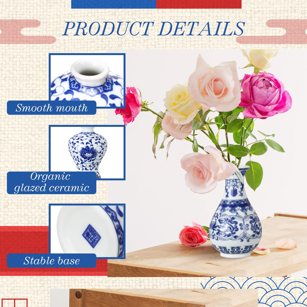 Maxcheck blue-white bud vase close-up highlights vibrant glaze and craftsmanship.