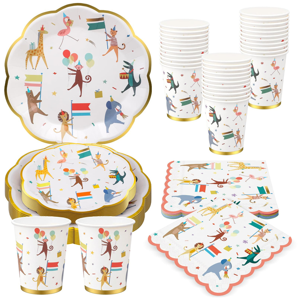 Maxdot Animal Parade 9-inch plates with safari designs for easy kids' party dining.