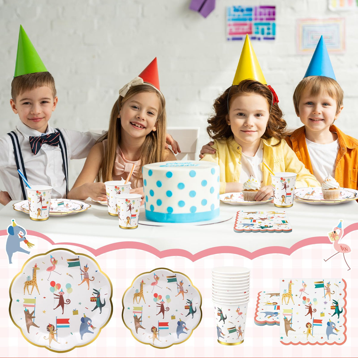 Maxdot Animal Parade gold-edged plates add a touch of elegance to the table.