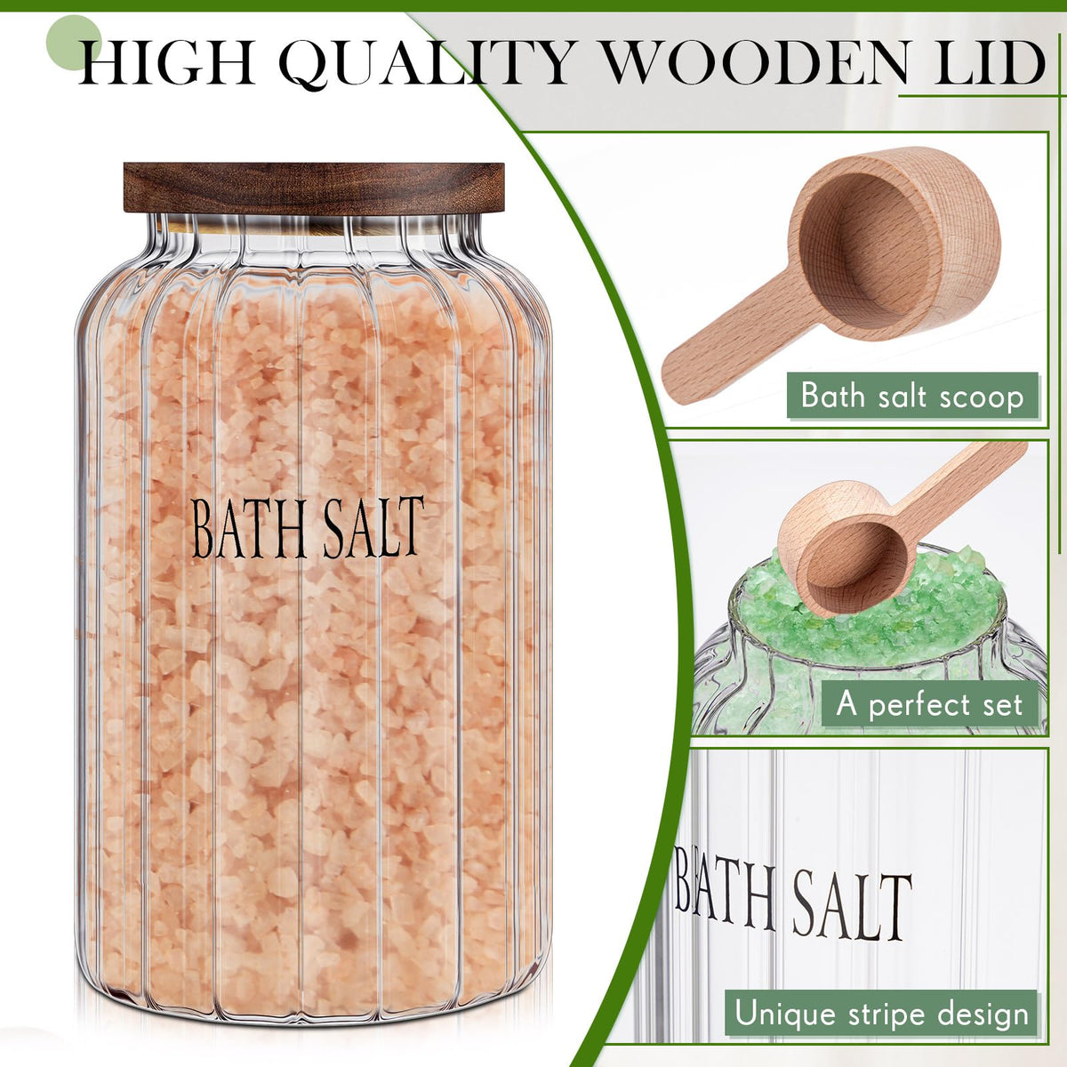 Maxdot bath salt jar and wooden spoon for easy, spa-like self-care rituals.