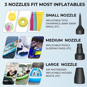 MAXEVER Quick-Fill Pump in-use inflating pool floats for fast backyard setup.