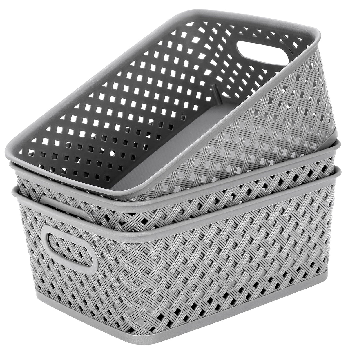 MaxGear organization 3-pack plastic bins in grey for tidy storage.