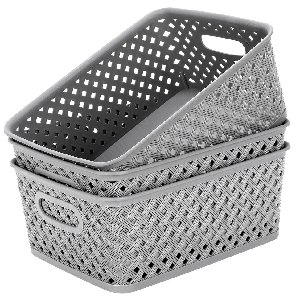 MaxGear organization 3-pack plastic bins in grey for tidy storage.