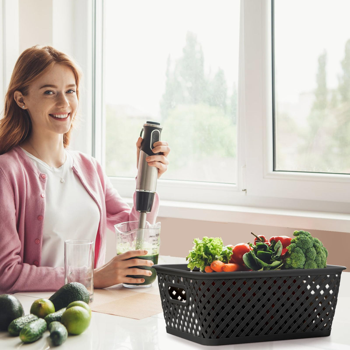 MaxGear plastic baskets with handles in black for easy portability.