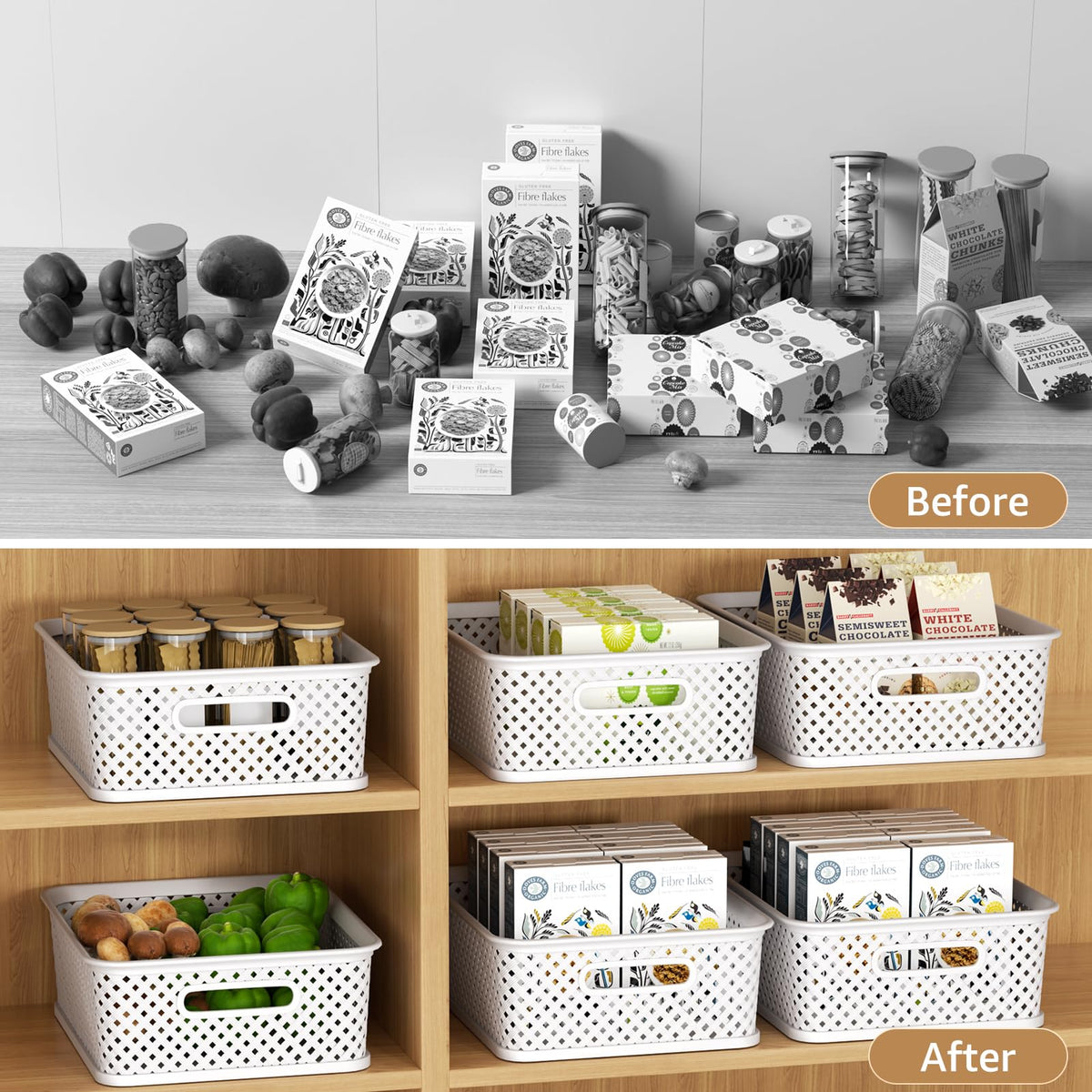 MaxGear woven-style plastic baskets provide versatile storage while maintaining clean aesthetics