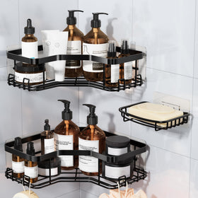 MAXIFFE 3-pack corner shower caddy saves space in tight corners while holding bottles.
