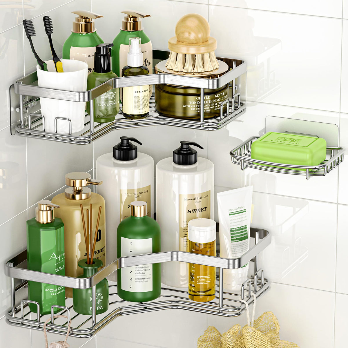 MAXIFFE corner shower caddy with soap holder keeps shower essentials organized.