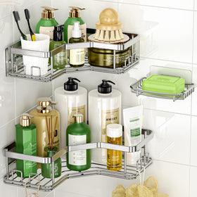 MAXIFFE corner shower caddy with soap holder keeps shower essentials organized.