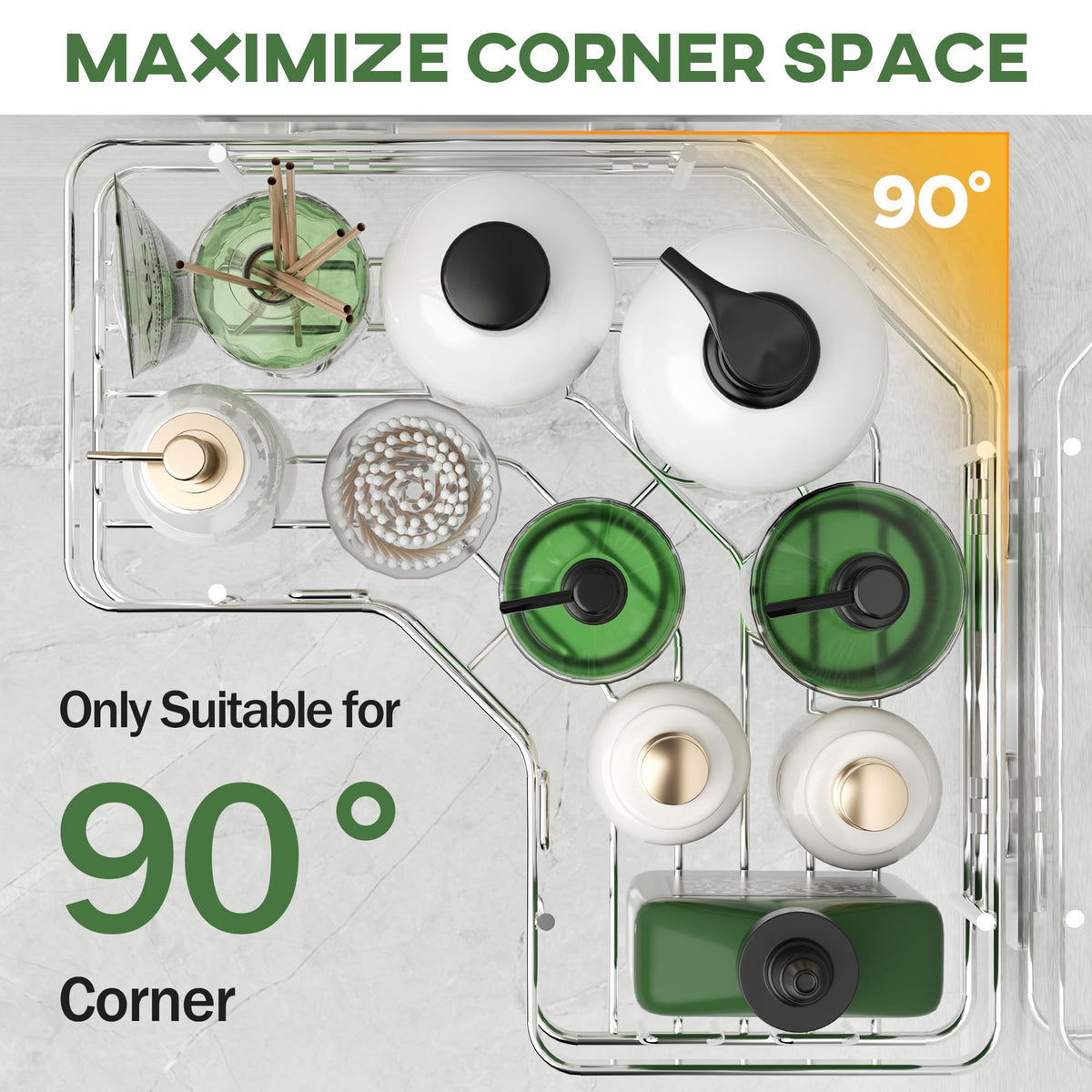 MAXIFFE corner caddy shows eight hooks for bathroom accessories.