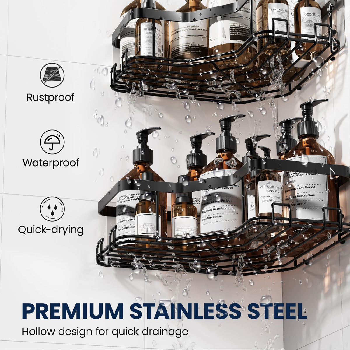 MAXIFFE shower organizer keeps bottles, loofahs, and razors neatly arranged.