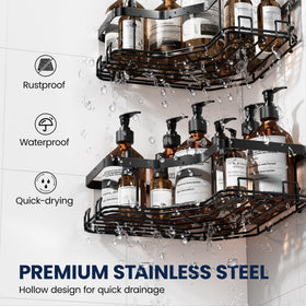 MAXIFFE shower organizer keeps bottles, loofahs, and razors neatly arranged.
