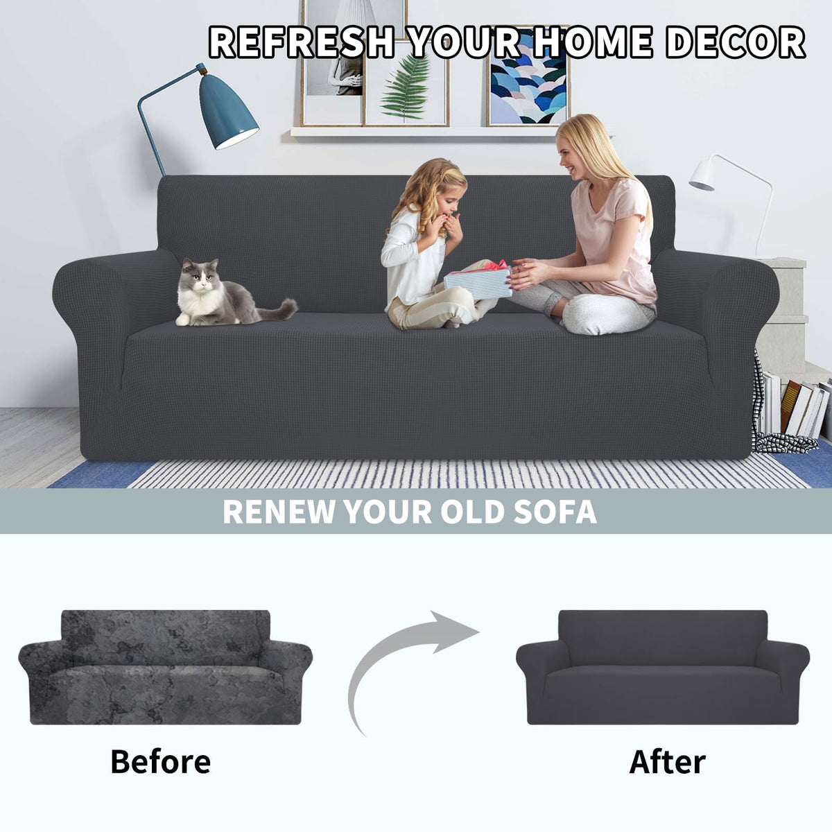 MAXIJIN jacquard-design slipcover adds modern texture to a three-cushion sofa