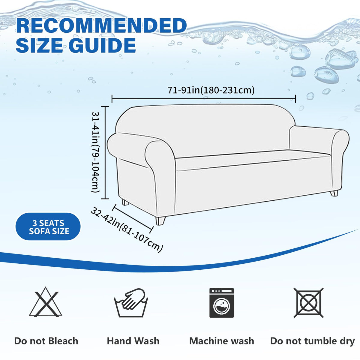 MAXIJIN size range illustration helps you pick the right fit for your sofa.