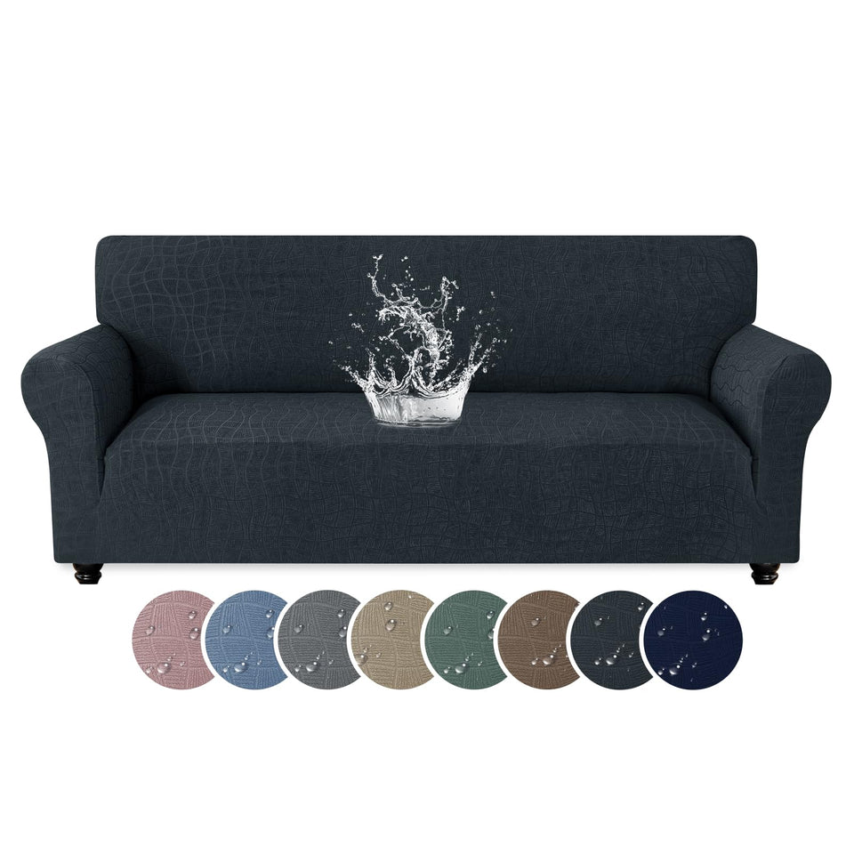 MAXIJIN waterproof couch cover on a dark sofa protects against spills and pet dander.
