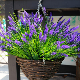 Maxkes fake lavender plants close-up shows vibrant blooms for home decoration.
