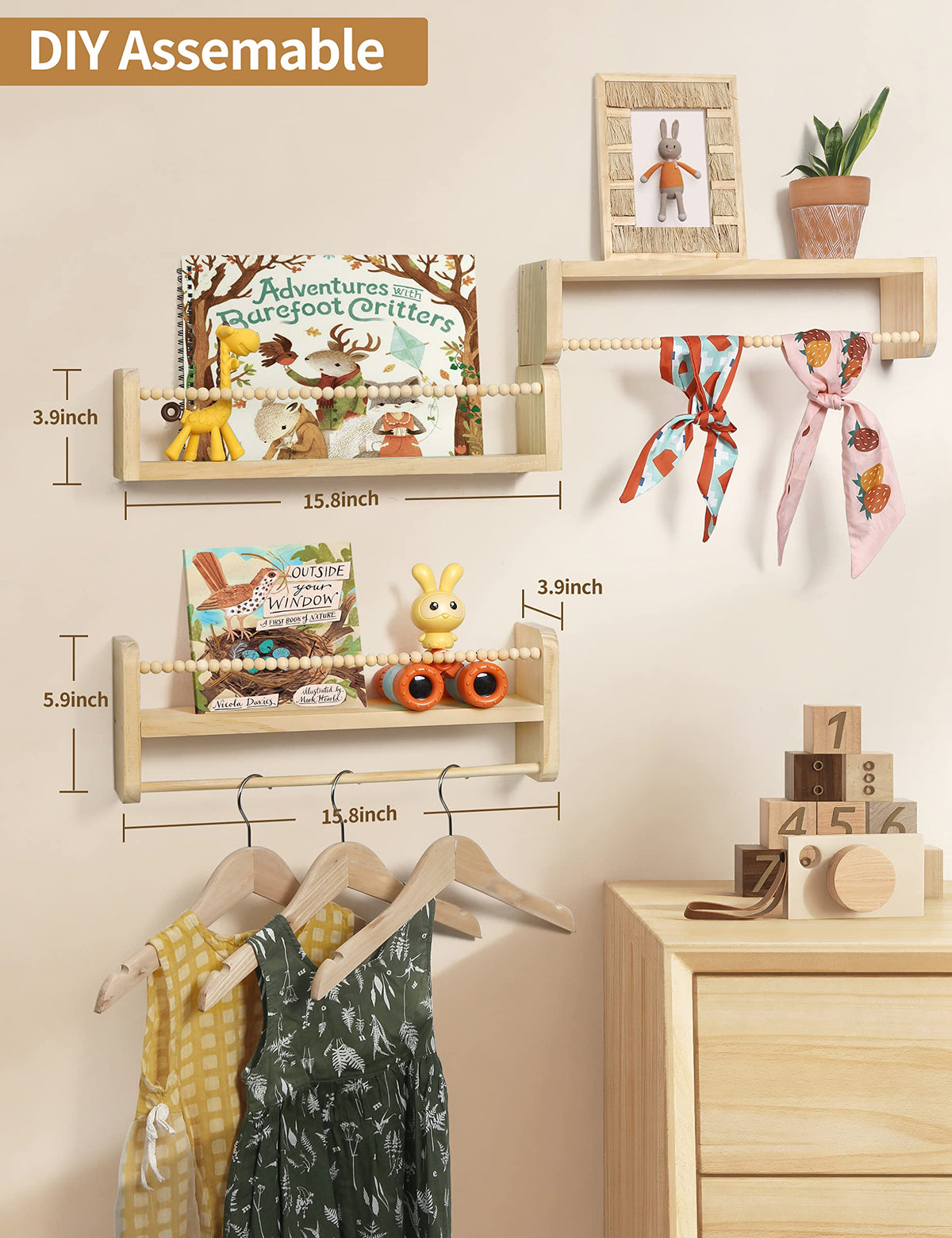 Maxpeuvon boho-style shelves ideal for toys and small plants in a kid’s room