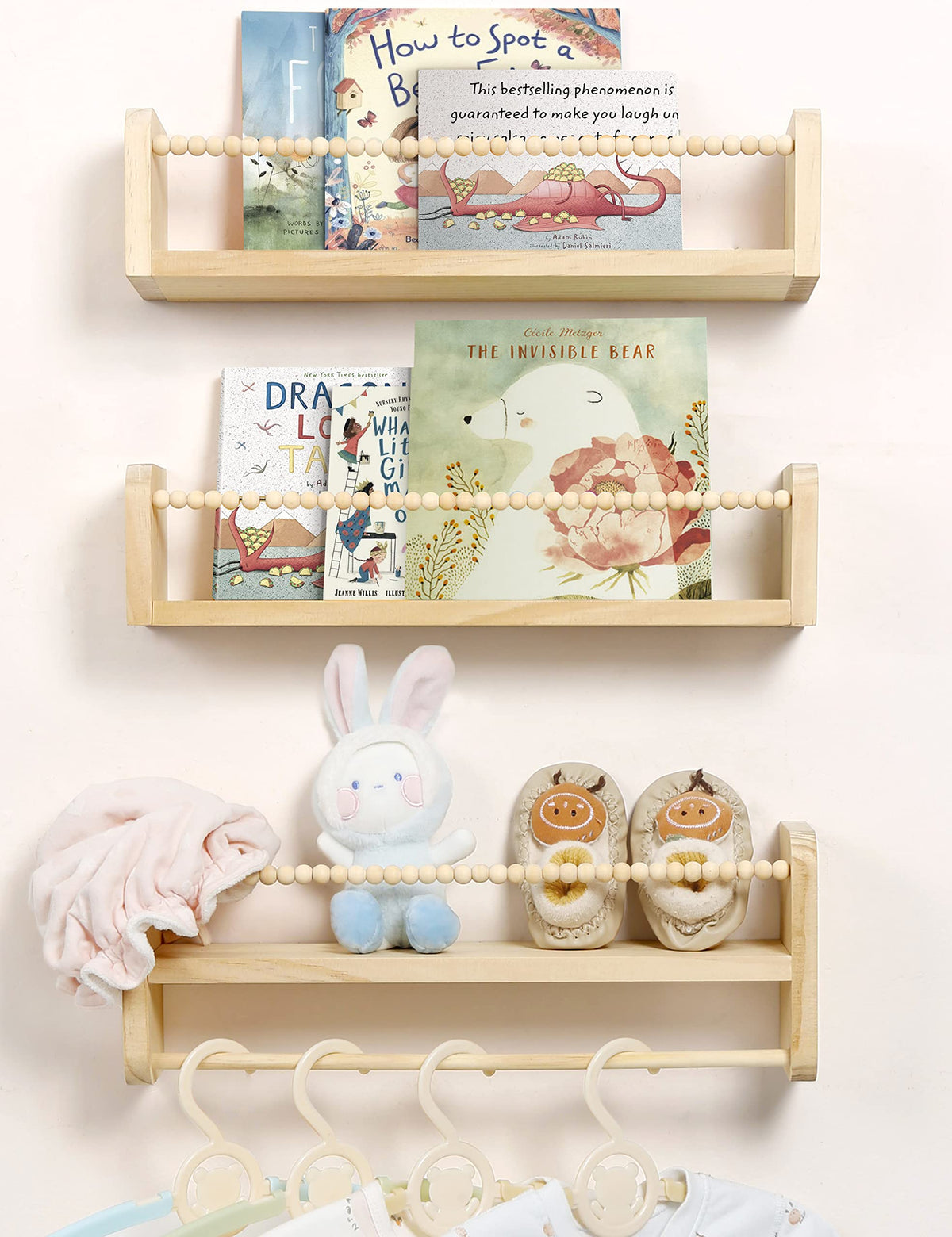 Maxpeuvon nursery floating shelves three-pack in natural pine for compact book storage