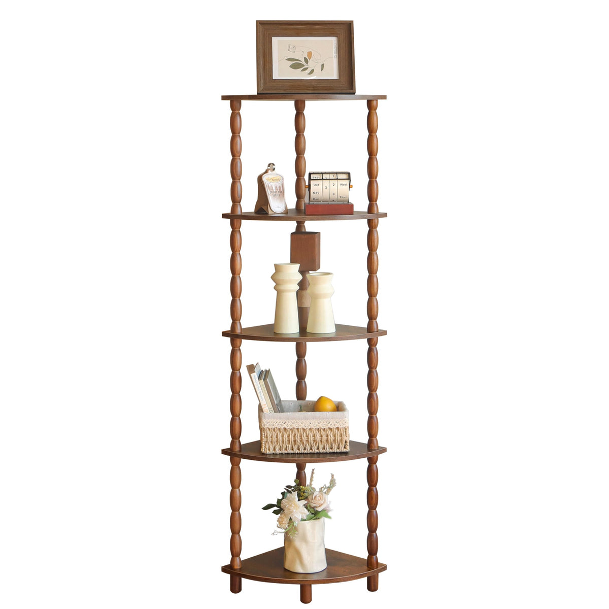 MaxSmeo corner shelf 5-tier rustic brown displays compact storage and display space.