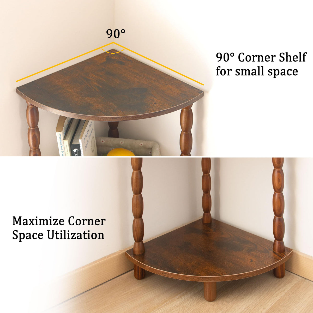 MaxSmeo corner shelf dowel and leg detail highlights sturdy wood legs.