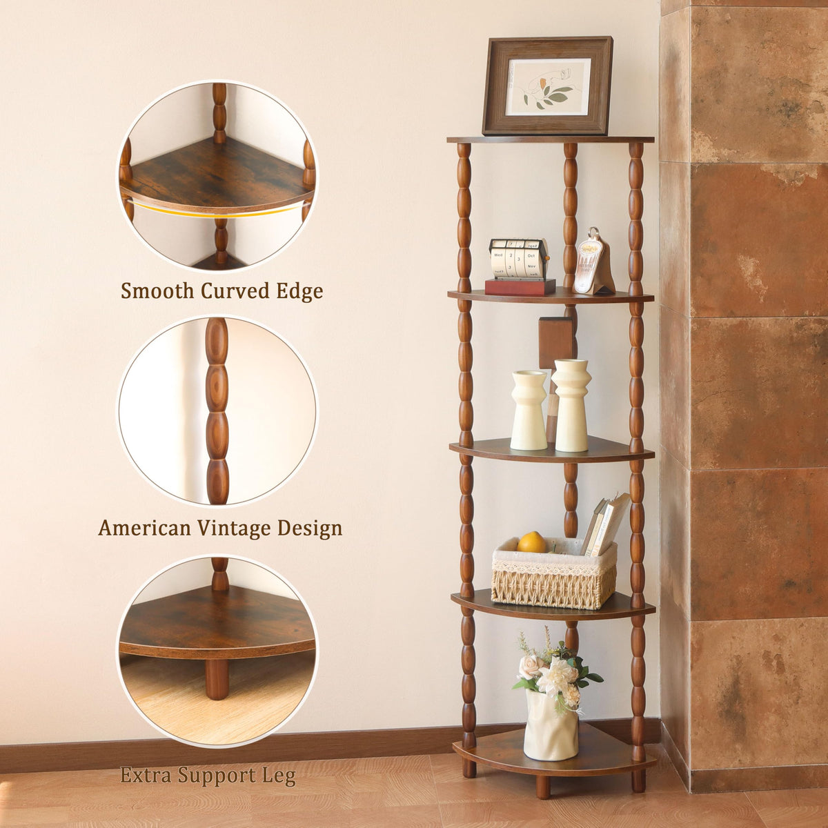 MaxSmeo corner shelf side view illustrates stable five-tier design.