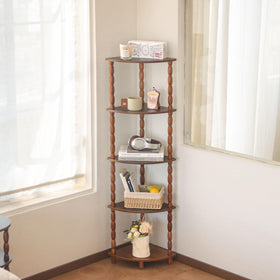 MaxSmeo corner shelf towels plants baskets demonstrates versatile storage.